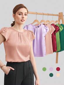 SHEIN BIZwear 女士圓領花瓣袖襯衫 - 藕粉色 - 查看 8