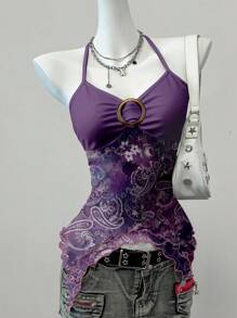 SHEIN EZwear 紫色花卉印花网眼吊带背心，Y2K 风格，适合俱乐部穿着 - 彩色 - 查看 3