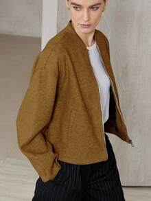 Aveloria Modichic Minimalist Fashionable Business Casual Short Solid Color Loose Elegant Zip-Up Jacket For Women, Autumn/Winter  - Yellow - View 5