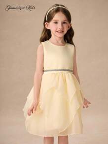 Glamorique Kids Girls' Princess Dress,Flower Girl Dress,Summer Apricot Asymmetric Hem,Silver Webbing,Back Strap Bowknot,Children's Birthday Wedding Festival Dress - Apricot - View 1