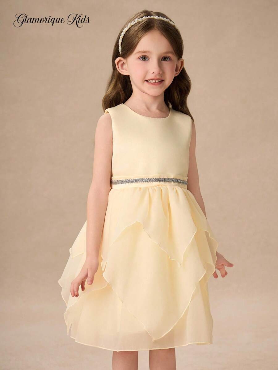 Glamorique Kids Girls' Princess Dress,Flower Girl Dress,Summer Apricot Asymmetric Hem,Silver Webbing,Back Strap Bowknot,Children's Birthday Wedding Festival Dress - Apricot - View 1