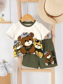 SHEIN 2pcs Baby Boy Casual Cute Bear Cartoon Colorblock Round Neck Short Sleeve T-Shirt And Shorts Set, Suitable For Summer