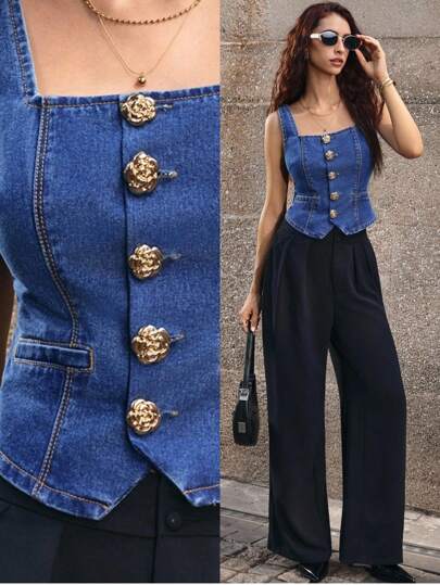 Selenza Chaqueta vaquera sin mangas con botones delanteros para mujer