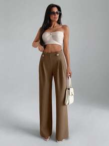 EURMUSE Women Solid Color Button And Pleated Detailed Straight Leg Pants Work Club Pants - Cream - View 4