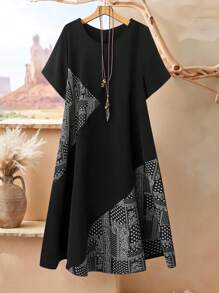 Rusticease Vestido casual de verano talla grande con cuello redondo, estampado patchwork, para salidas al campo, vacaciones y primavera, ropa de mujer estilo bohemio para verano