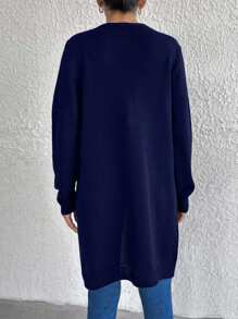 EURMUSE Casual Solid Color Double Pocket Mid-Length Cardigan - Navy Blue - View 2
