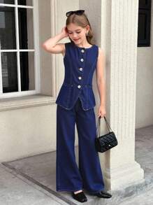 SHEIN 2 sztuki ubrań dla nastolatek w stylu casual Y2k Vintage Cool The Pocket Design, ciemnoniebieska kamizelka bez rękawów z dżinsu i wygodne luźne dżinsy, zestaw dwóch części, ubrania dla nastolatek w stylu casual, odzież na jesień i zimę, powrót do szkoły, stroje na bal maturalny, stroje na festiwal i plażę, odzież uliczna, ubrania szkolne - Niebieski - Zobacz 1