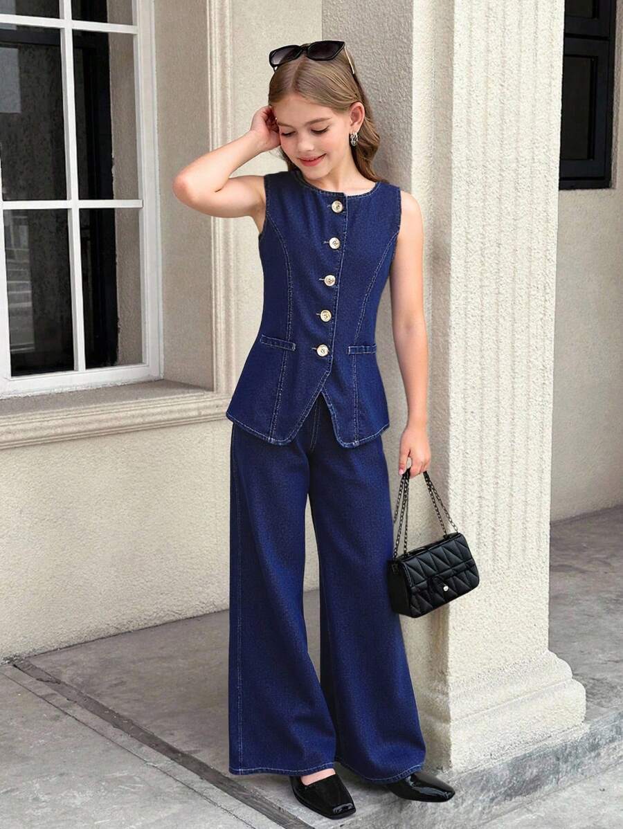 SHEIN 2 sztuki ubrań dla nastolatek w stylu casual Y2k Vintage Cool The Pocket Design, ciemnoniebieska kamizelka bez rękawów z dżinsu i wygodne luźne dżinsy, zestaw dwóch części, ubrania dla nastolatek w stylu casual, odzież na jesień i zimę, powrót do szkoły, stroje na bal maturalny, stroje na festiwal i plażę, odzież uliczna, ubrania szkolne - Niebieski - Zobacz 1