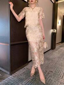 DAZY Women's Elegant Lace Round Neck Blouse And Skirt 2 Pieces Set - Beige - View 6