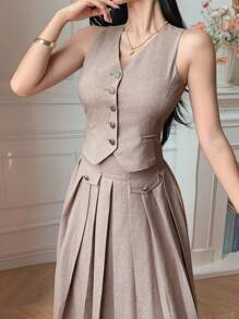 DAZY 女式纯色V领背心和百褶裙两件套 - 卡其色 - 查看 5