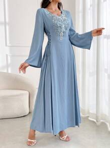 Al Najma 女式 V 领长袖宽松系带朴素连衣裙