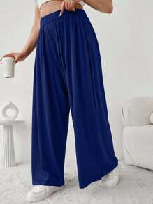 Plus Solid Strechy Viscose Fabric Wide Leg Pull On Summer Pants - Navy Blue - View 1