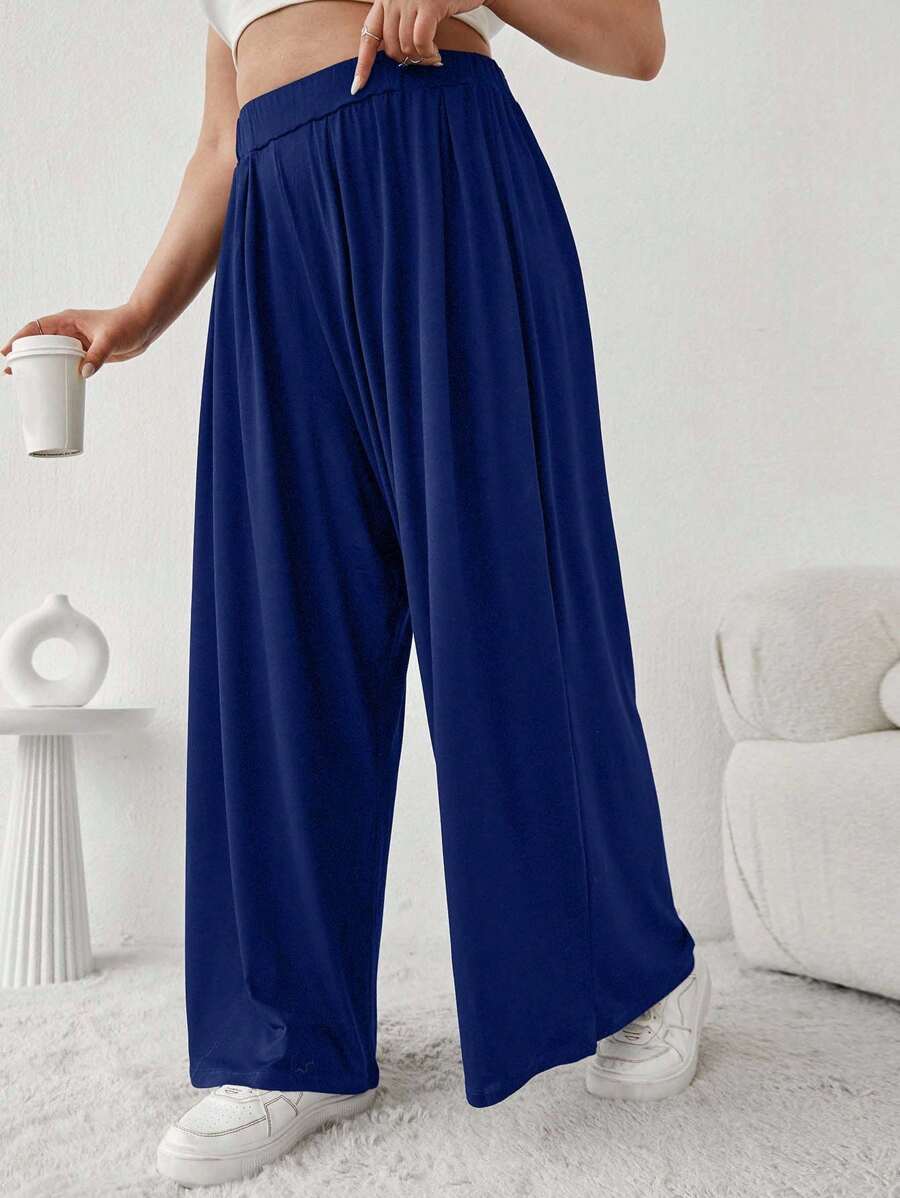 Plus Solid Strechy Viscose Fabric Wide Leg Pull On Summer Pants - Navy Blue - View 1