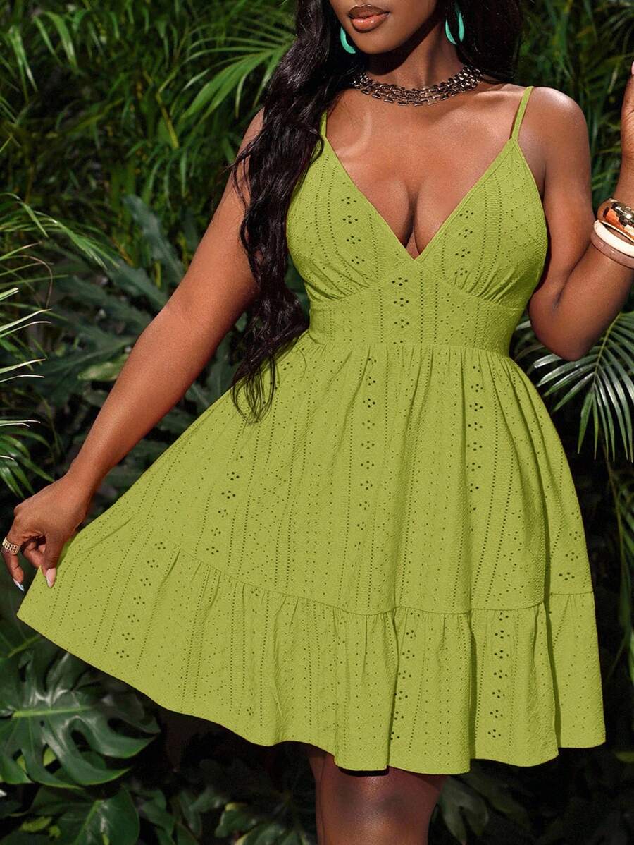 Slaydiva Plus Size Hollow-Out Jacquard Fabric Sleeveless Ruffle Hem Waist Cinched Mini Dress, Yellow Solid Color, Casual Beach Vacation, Spring/Summer Green Vacation Dress Women Summer Sundress Green Summer Dress