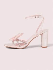 CUCCOO DOLLMOD 8.6cm Thick Heel Fashion Strap High Heel Round Toe Sandals, Pink Satin Fabric Bow Decor + Rhinestone Strap Craftsmanship - Pink - View 6