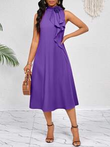 SHEIN Lady 3D立体花朵荷叶边装饰领口，橙色中长款连衣裙，优雅淑女宽松休闲，春夏度假风，波西米亚风情。 - 紫色 - 查看 6