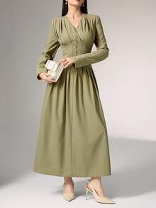 Heiryn Váy đi làm phong cách Hàn Quốc, xếp ly, thắt eo, cài nút, đa năng và thanh lịch - màu xanh lá - Xem 2