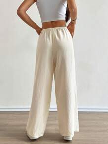 SHEIN PETITE Women's Beige Casual Basic Wide Leg Pants ,Petite Women - Beige - View 2