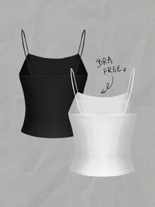 SHEIN Essnce 两件套水钻蝴蝶结装饰女士露脐吊带背心套装，带胸垫，适合夏季，水钻装饰，蝴蝶结肩带，内置胸罩 - 彩色 - 查看 2