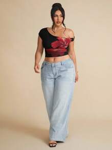 SHEIN BAE 全新夏季海滩度假加大码女式纹理刺绣不对称领口褶皱弹力针织上衣，可爱夏季上衣，波西米亚风，Vcay，假日，黑色上衣，外出西部装 - 黑色 - 查看 2