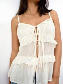 Maija Women's Boho Woven Fabric Cami Top With Ruffle Hem And Tie Front Detail - Apricot - View 9