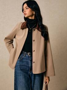 Poéselle 女士撞色领夹克 - 拼色拉链休闲外套，撞色领夹克，拼色外套，女士拉链夹克，春季休闲夹克，秋冬女士极简夹克 - 駝色 - 查看 7