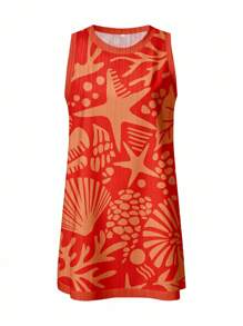 SHEIN EZwear 女士休闲度假撞色边无袖短裙，适合夏季度假，树叶印花，热带印花，星星印花 - 彩色 - 查看 6