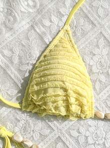 Swim Vcay Women's Solid Color Halter Tie Sexy Bikini Swimwear Set, Summer Beach - Yellow - View 7