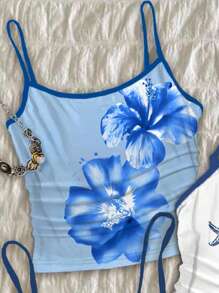 SHEIN 少女法国蓝天使雕像花卉图案，奶油蓝色水彩花卉，蓝色贝壳印花，撞色夏季吊带背心，复古风格，休闲度假风格，时尚，可爱，Y2K椰子女孩波西米亚风春假早午餐准备淡蓝色女孩之旅，霓虹海滩氛围