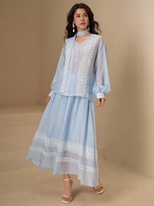 DAZY Conjunto de 2 piezas de blusa holgada de manga farol con cuello en V elegante y falda con parches de encaje, con bufanda, para primavera - Azul - Ver 3