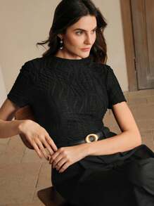 Anewsta 夏季、优雅、度假、节日、海滩、节日、Oldmoney 春季优雅休闲女士针织纹理抗皱百搭杏色短袖 T 恤 - 黑色 - 查看 4