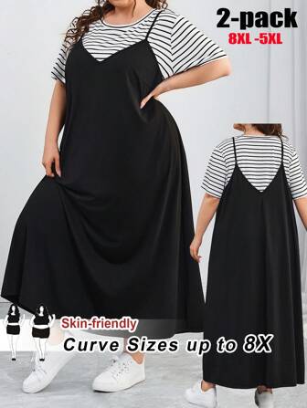 SHEIN CURVE+ 大码女装两件套休闲条纹吊带背心和中长连衣裙，春夏日常基本套装