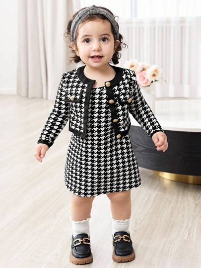 SHEIN 2pcs/Set Baby Girl Houndstooth Slip Dress & Color Contrast Jacket, Autumn/Winter