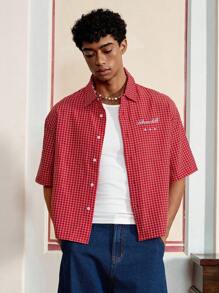 SWAVVY Men's Letter & Plaid Print Short Sleeve Casual Single-Breasted Shirt