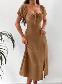 EURMUSE Solid Color High Slit Square Neck Twist Front Casual Short Sleeve Dress - Camel - View 3