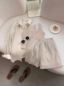 SHEIN Women 3pcs Set: Solid Drop Shoulder Loose Long Sleeve Shirt, Cami Top And Drawstring Waist Shorts, Spring/Summer - Multicolor - View 1