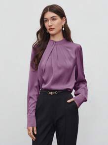 BizChic 女式秋季不对称褶饰宽松长袖上衣，基本款简约优雅商务休闲办公装，适合教师、婚礼、音乐会 - 紫色 - 查看 4