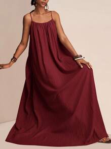 Slaydiva Đầm maxi không tay màu trơn cỡ lớn, đầm maxi dài kiểu dáng thường ngày cho kỳ nghỉ, đầm maxi mùa hè, đầm maxi màu đỏ đô, đầm maxi màu đỏ sẫm, đầm maxi màu nâu đỏ, đầm maxi mùa hè. - Màu Đỏ Sâu - Xem 5