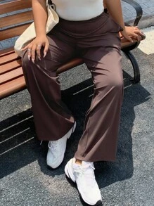 Dazy Plus Plus Size Women Elastic Fitted Straight Leg Casual Knit Pants - Coffee Brown - View 1