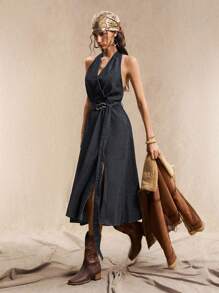 Easelle 女式复古休闲挂脖系带侧开衩牛仔连衣裙 - 藍色 - 查看 4