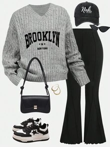 SHEIN Girlism Teen Girl's Casual Loose V-Neck English Slogan Print Sweater, Versatile In Fall/Winter