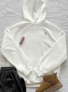 SHEIN EZwear Women's Casual Letter Print Drawstring Hooded Sweatshirt,Graduation,Teacher,Back To School Pullover Fall - White - View 2