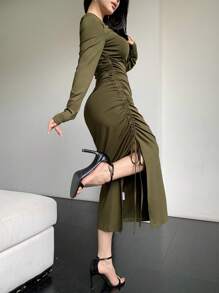 Celisse 女式夏季针织弹力修身长袖二合一 U 领装饰纽扣抽绳腰部褶皱开叉拼接设计优雅休闲长裙