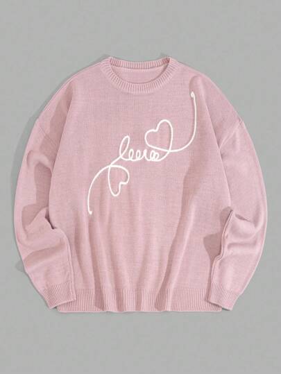 EURMUSE Plus Size Casual Contrast Color Love And Heart Shape Pattern Embroidery Crew Neck Cute Sweater