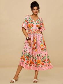SHEIN VCAY Plus Size Vacation Island Romantic Pink Floral Print V-Neck Cinched Waist Ruched A-Line Long Sleeve Maxi Dress Plus Size Boho Dress Plus Size Vacation Dress Summer Dresses For Women Curve Garden Party Dress Plus Tropical Print Plus Size Dress Fall Dress  Night Out  Going Out Outfits Wedding Guest Dress Women Flowy Animal Print  Boho Chic  Vacation Outfits Holiday Outfits   Urban Coastal Style Country Outfits Old Money Vintage Clothes - Pink - View 3