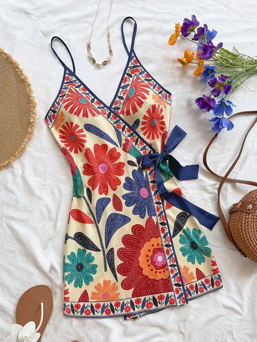 Soleia Váy ngắn hai dây in họa tiết nơ trang trí hoa cho nữ, đi nghỉ - Nhiều màu - Xem 1