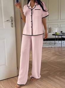 SHEIN Contrast Trim Lapel Casual Loose Short Sleeve Pajama Set Pink Pajamas  Cozy And Elegant Details
