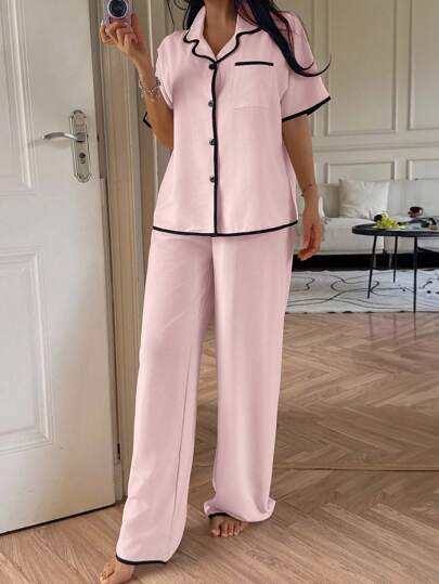 Contrast Lapel Loose Short Sleeve Pajama Set Roze Pyjama Cozy Elegante view 4