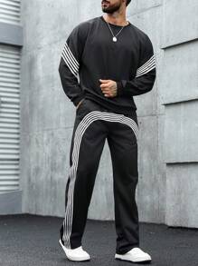 Manfinity LEGND 男士黑色条纹图案美式时尚圆领卫衣和运动裤套装，休闲街头风日常通勤运动服套装，男士两件套运动裤，男士慢跑服，男士两件套运动裤，男士街头风套装，秋季服装 - 黑色 - 查看 3