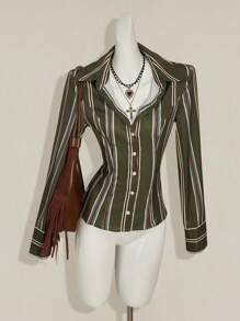 SHEIN ICON 休闲通勤条纹腰长袖衬衫 - 彩色 - 查看 4